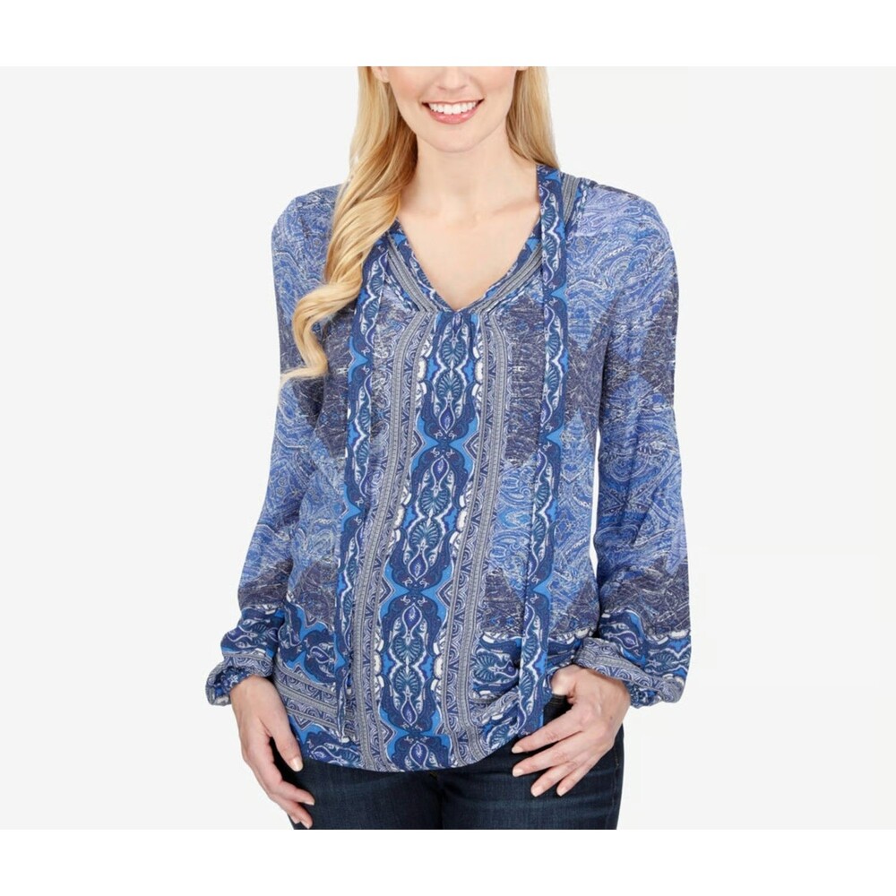Lucky Brand Printed Peasant Top, Blue Multi Womens XS Boho V Neck Blouse NWT $89